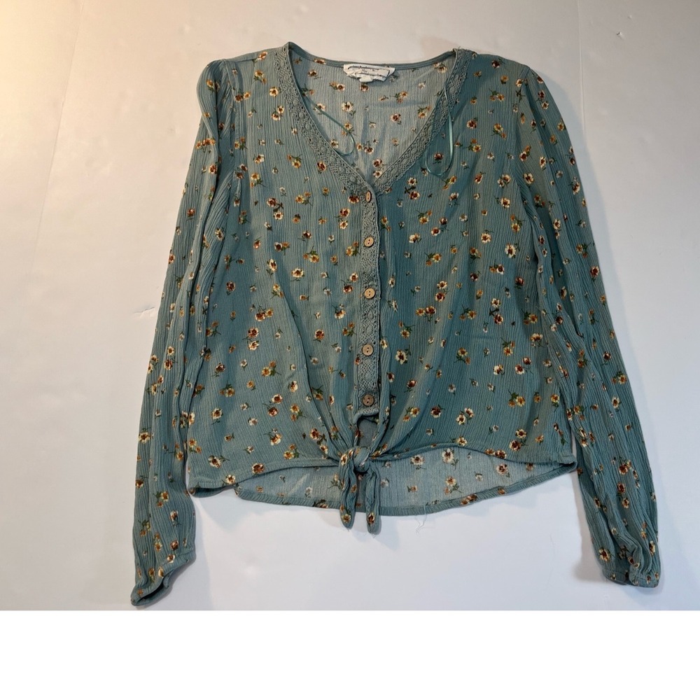Hippie Rose Floral Tie Front Blouse Womens Small Blue Boho Rayon Top Cottagecore